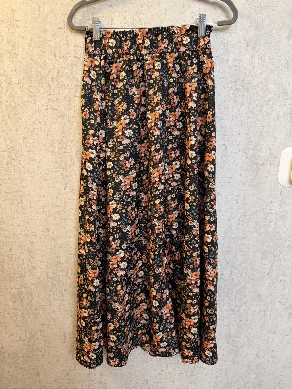 Floral Maxi Skirt in Black with Peach & Pink Blooms